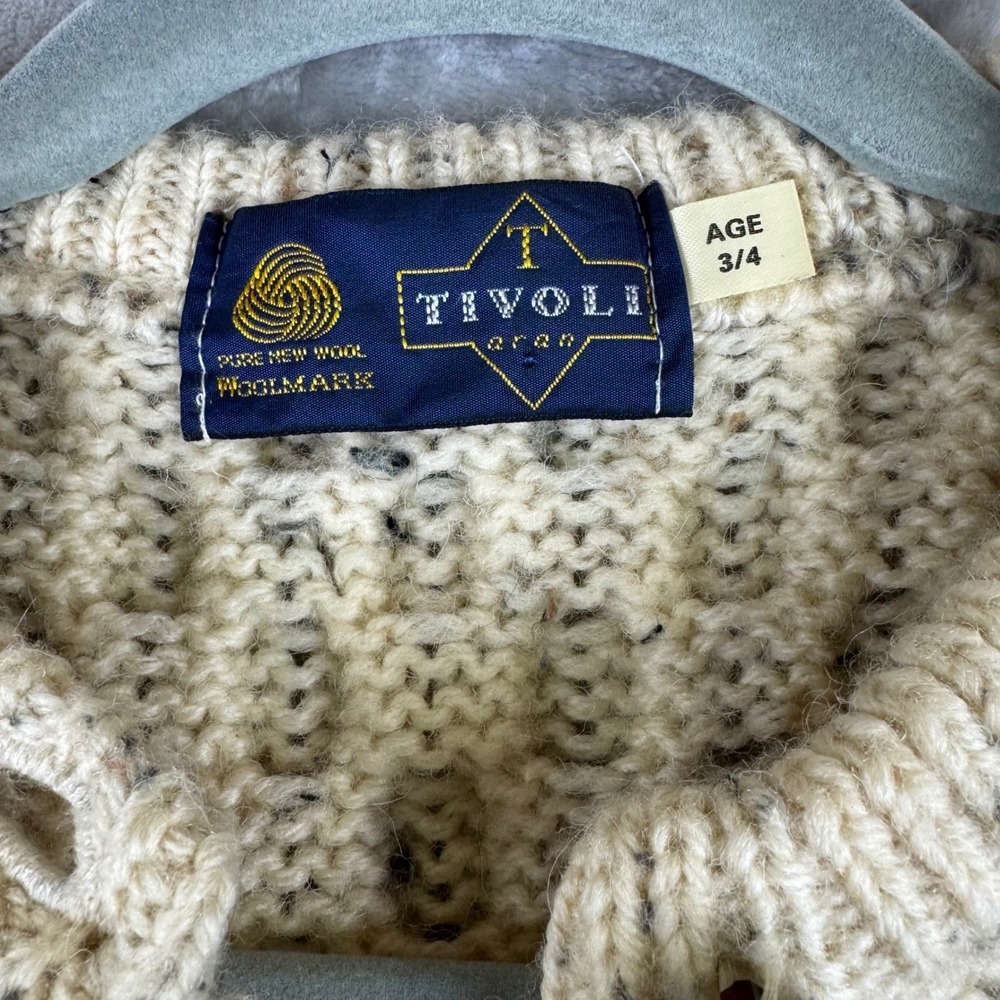 Tivoli Aran Cardigan Kids 3/4 Cream‎ Wool Cable Knit Sweater (1435) - Picture 2 of 9